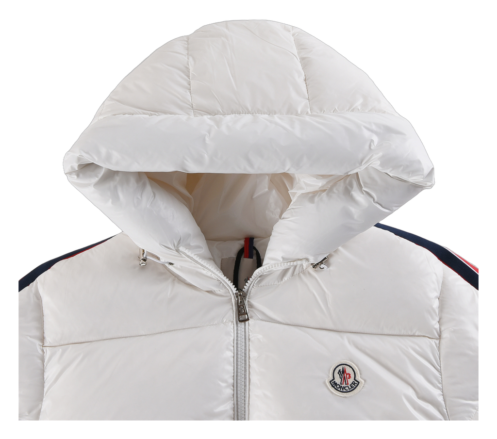 Moncler Tricolour Sleeve-Stripe Hooded Down Puffer Jacket - White