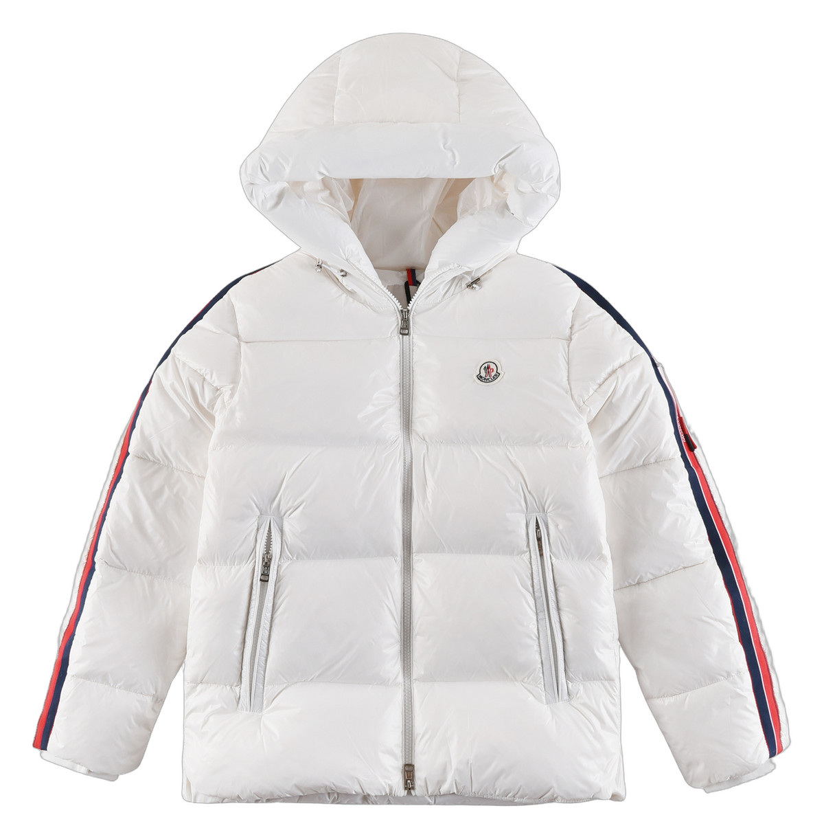 Moncler Tricolour Sleeve-Stripe Hooded Down Puffer Jacket - White