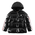 Moncler Glossy Tricolour Sleeve-Stripe Hooded Down Puffer Jacket