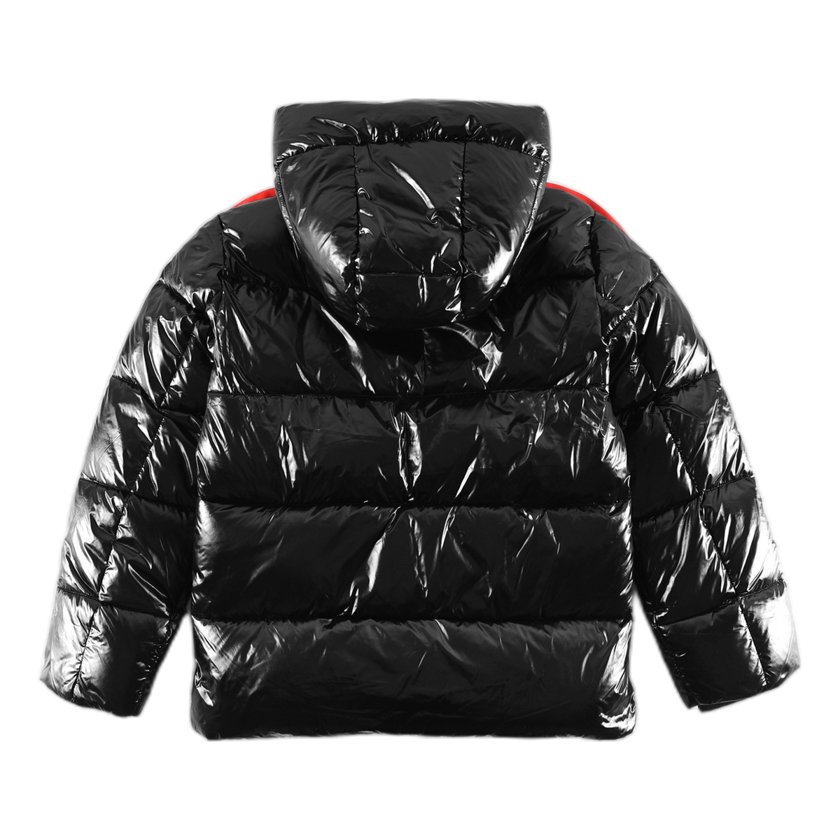 Moncler Glossy Tricolour Sleeve-Stripe Hooded Down Puffer Jacket