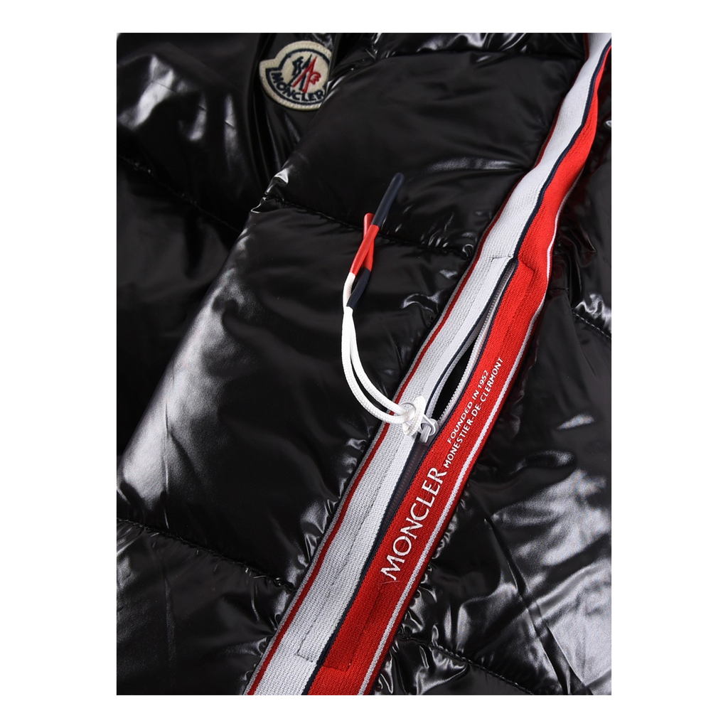 Moncler Glossy Tricolour Sleeve-Stripe Hooded Down Puffer Jacket
