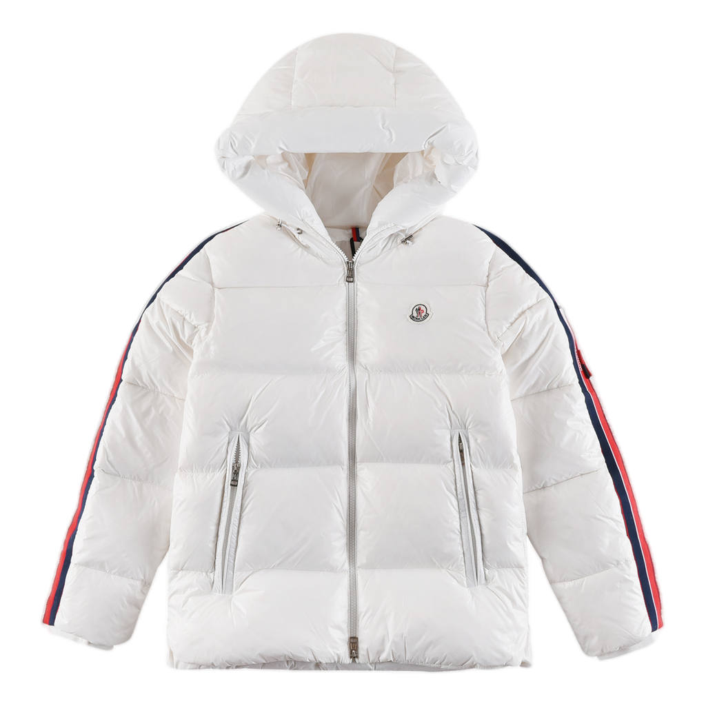 Moncler Glossy Tricolour Sleeve-Stripe Hooded Down Puffer Jacket