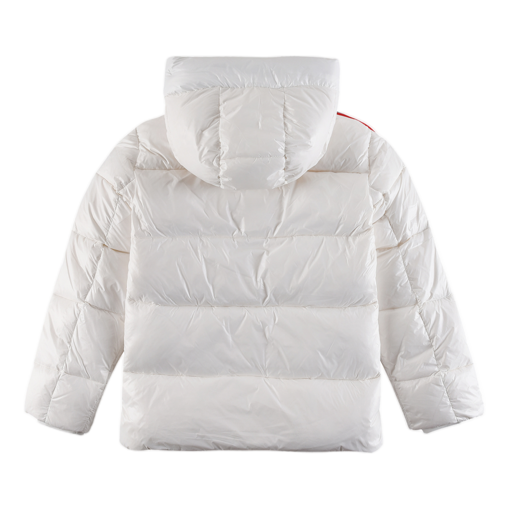 Moncler Glossy Tricolour Sleeve-Stripe Hooded Down Puffer Jacket