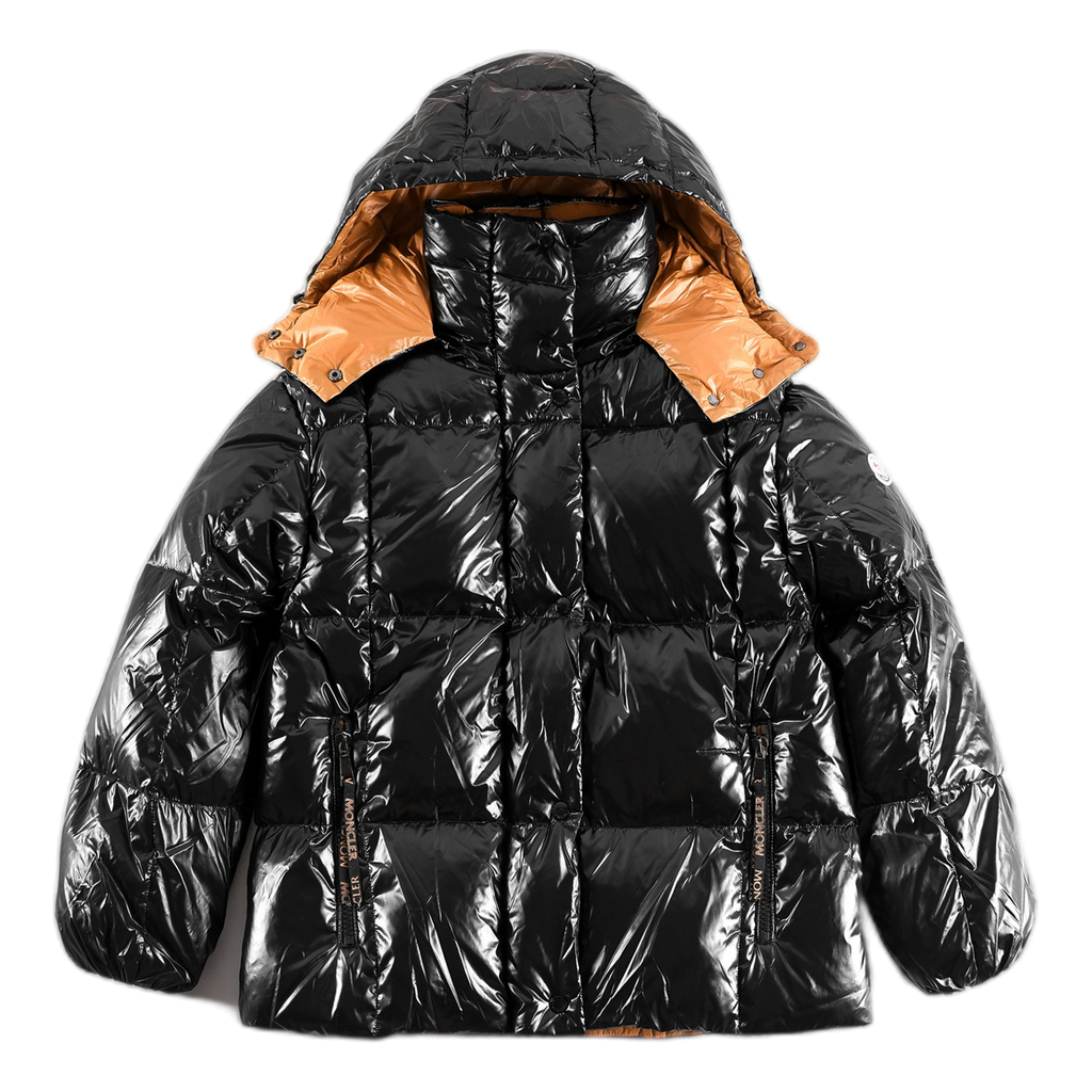 Moncler Glossy Black Short Down Puffer Jacket with Copper-Tone Lining