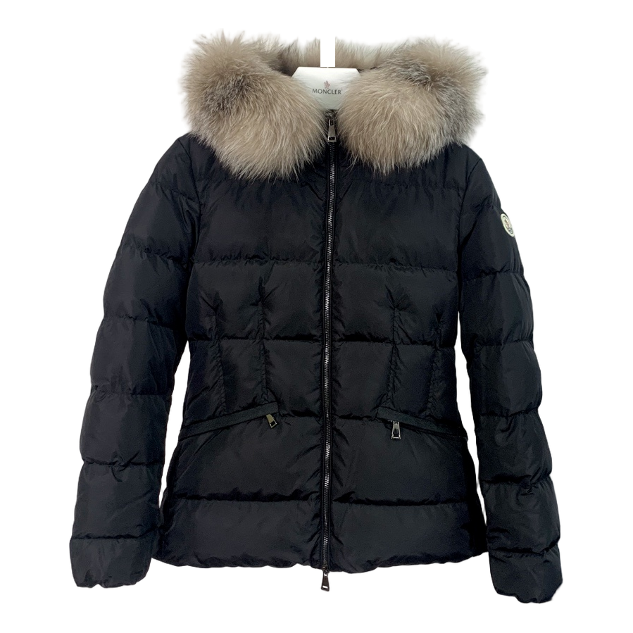 Moncler Black Down Puffer Jacket with Cinched Waist and Fur-Trim Hood