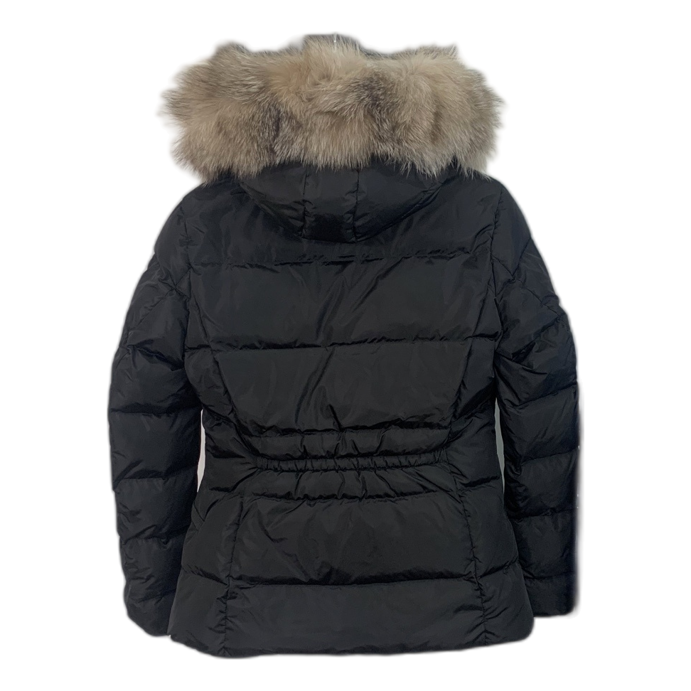 Moncler Black Down Puffer Jacket with Cinched Waist and Fur-Trim Hood