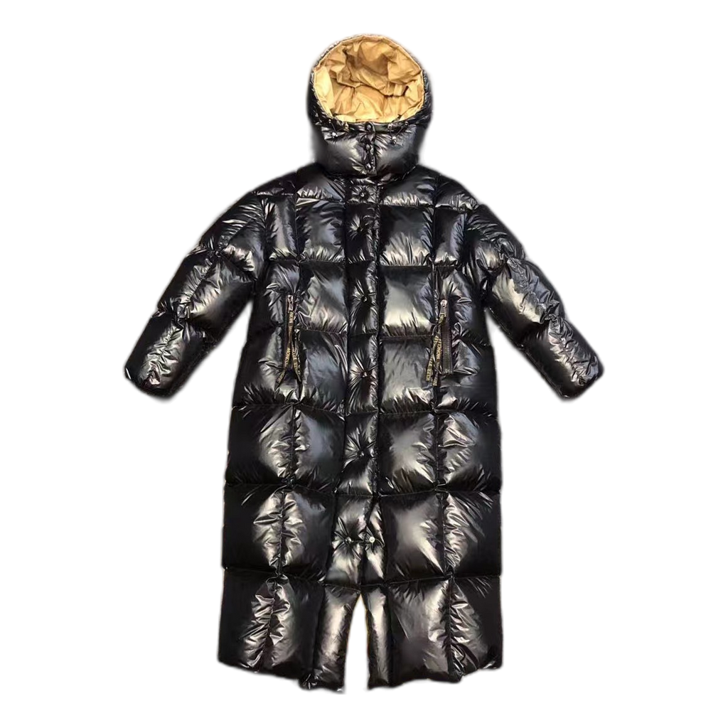 Moncler Gold-Lined Glossy Long Down Puffer Coat - Black