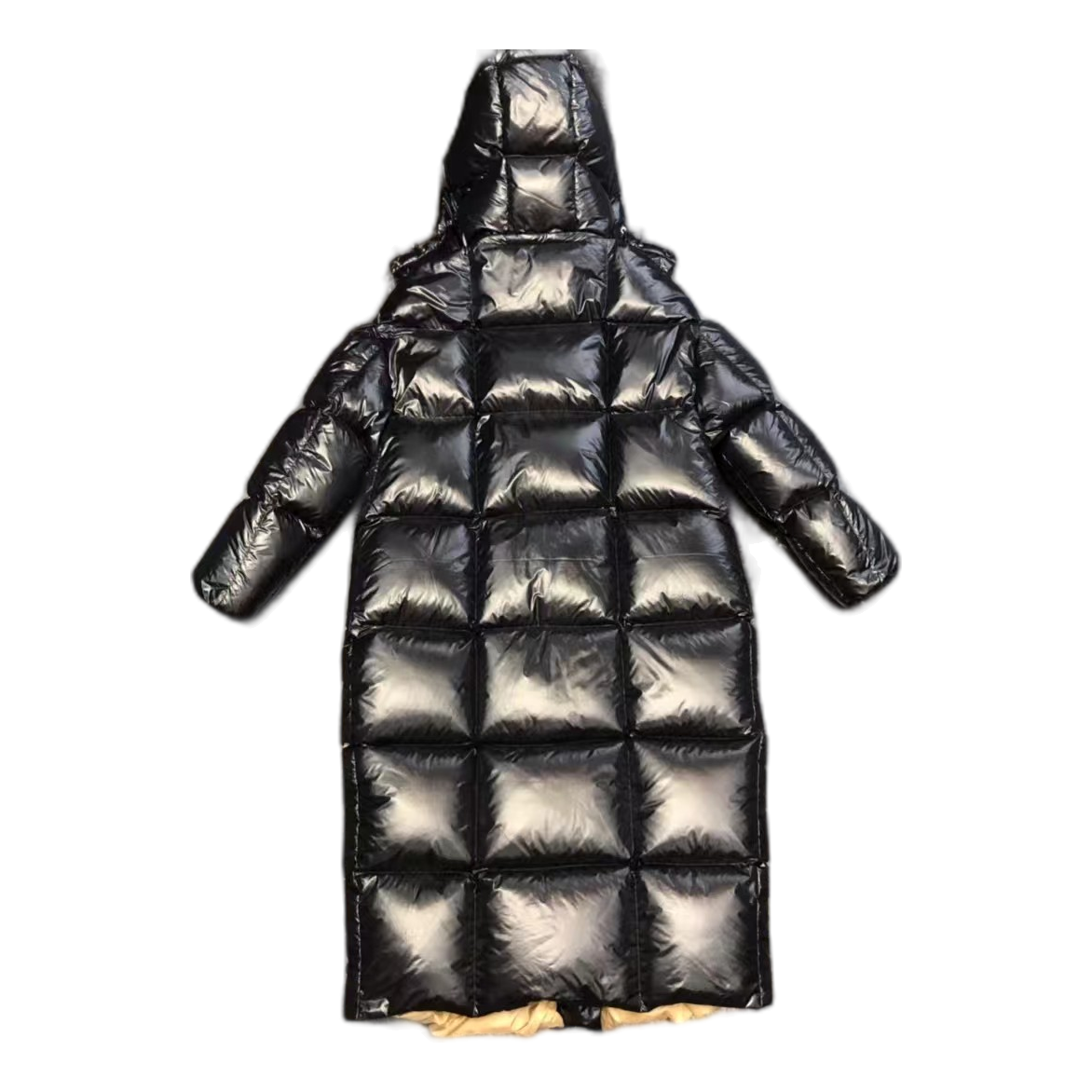 Moncler Gold-Lined Glossy Long Down Puffer Coat - Black