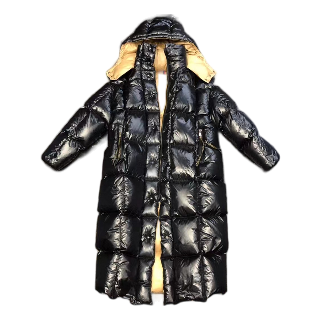 Moncler Gold-Lined Glossy Long Down Puffer Coat - Black