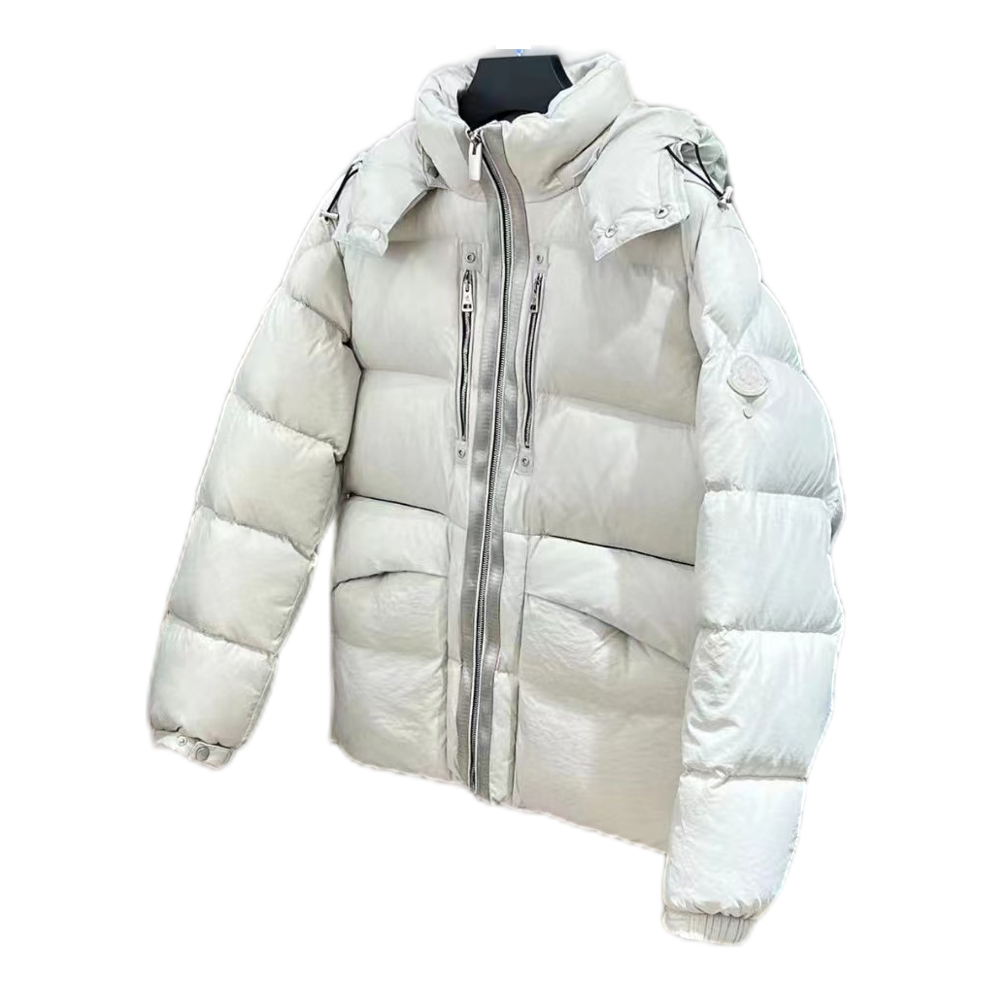 Moncler Hooded Down Puffer Jacket with Two-Way Zip in Off White
