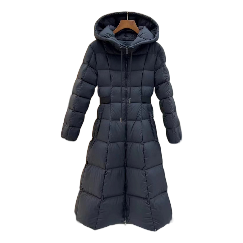 Moncler Fitted Long Down Puffer Coat with Drawstring Hood in Black