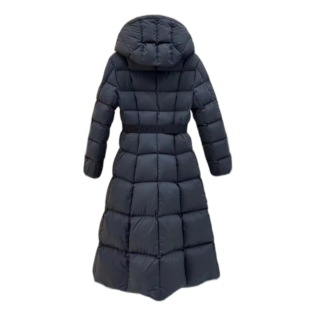 Moncler Fitted Long Down Puffer Coat with Drawstring Hood in Black