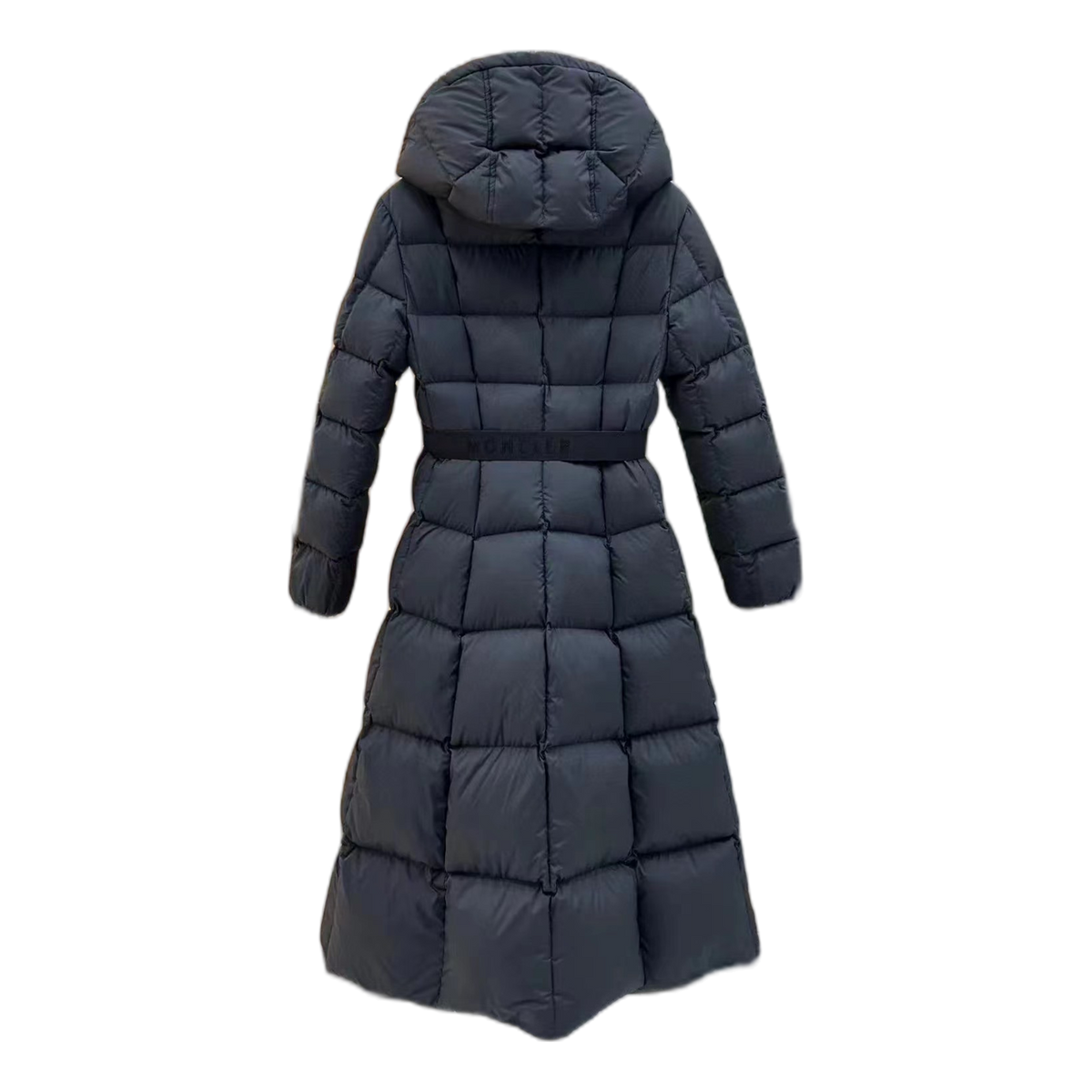Moncler Fitted Long Down Puffer Coat with Drawstring Hood in Black