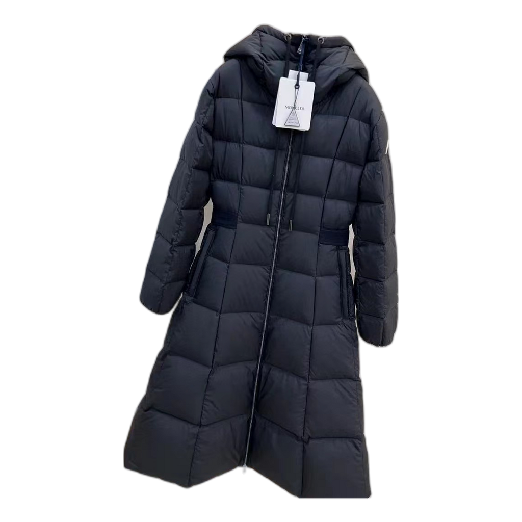 Moncler Fitted Long Down Puffer Coat with Drawstring Hood in Black