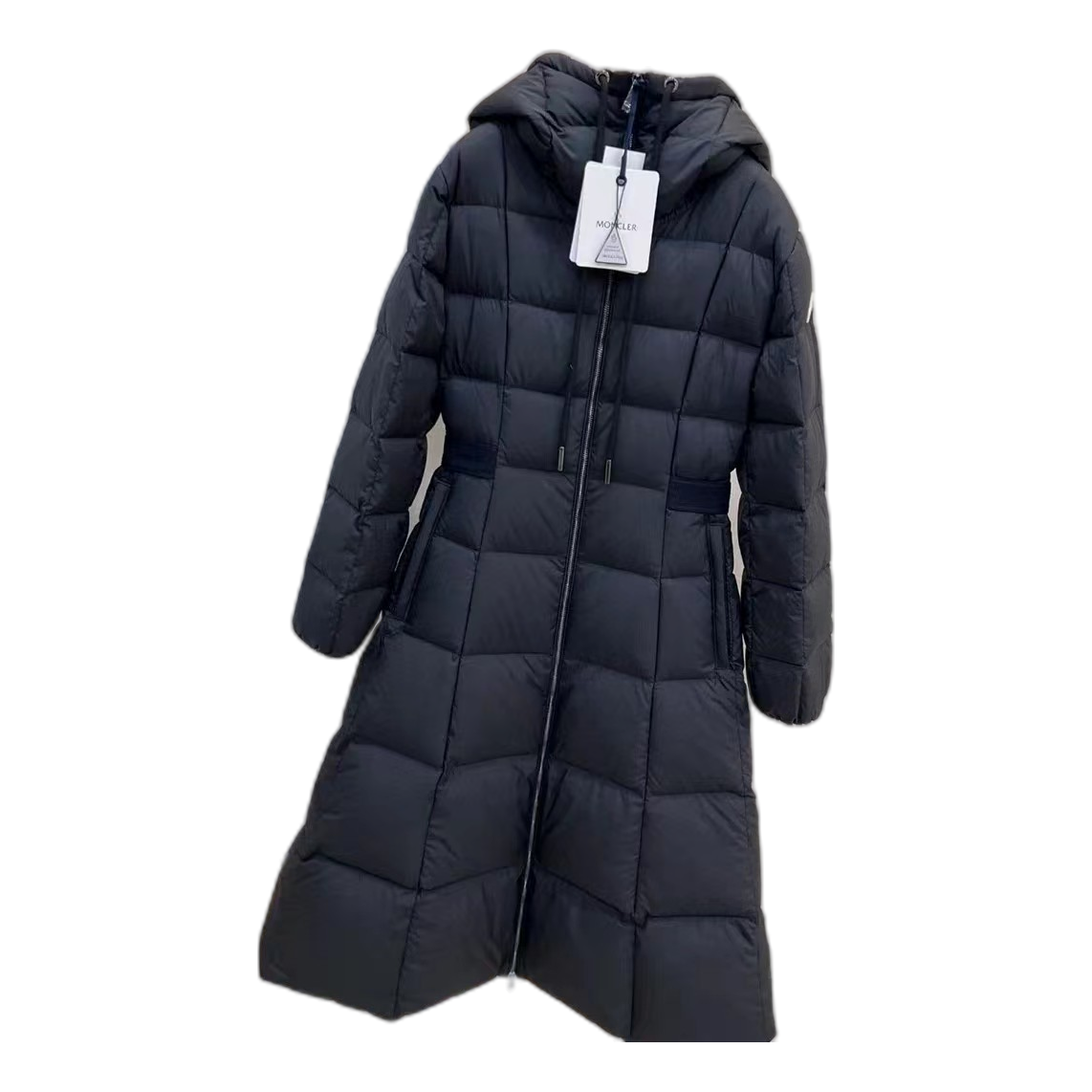 Moncler Fitted Long Down Puffer Coat with Drawstring Hood in Black