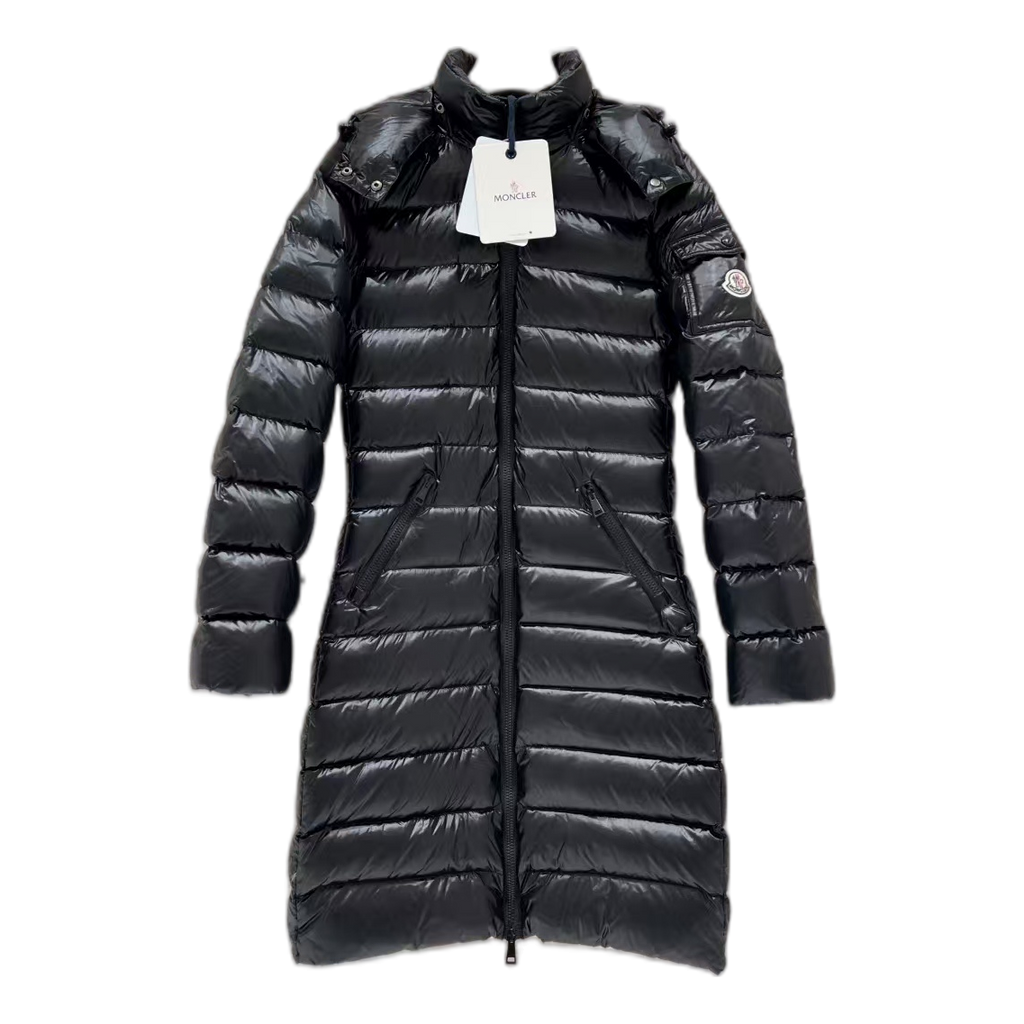 Moncler Narrow-Quilt Fur-Trim Hooded Long Down Coat - Black