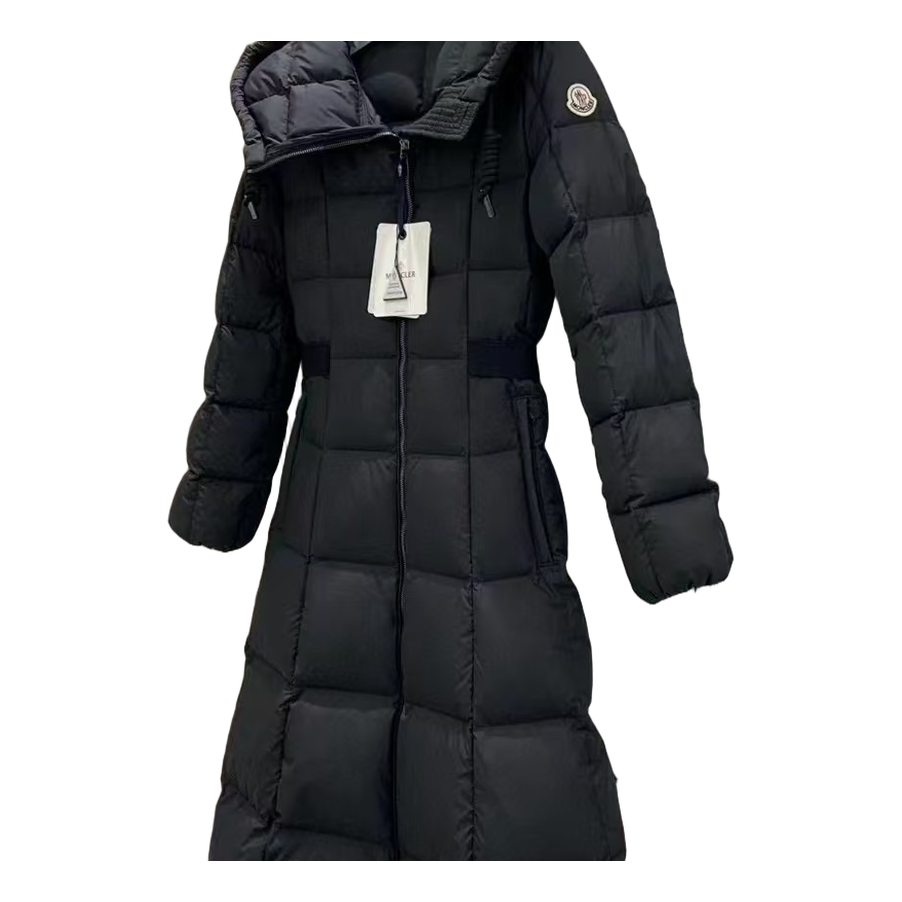 Moncler Fitted Long Hooded Puffer Coat in Black