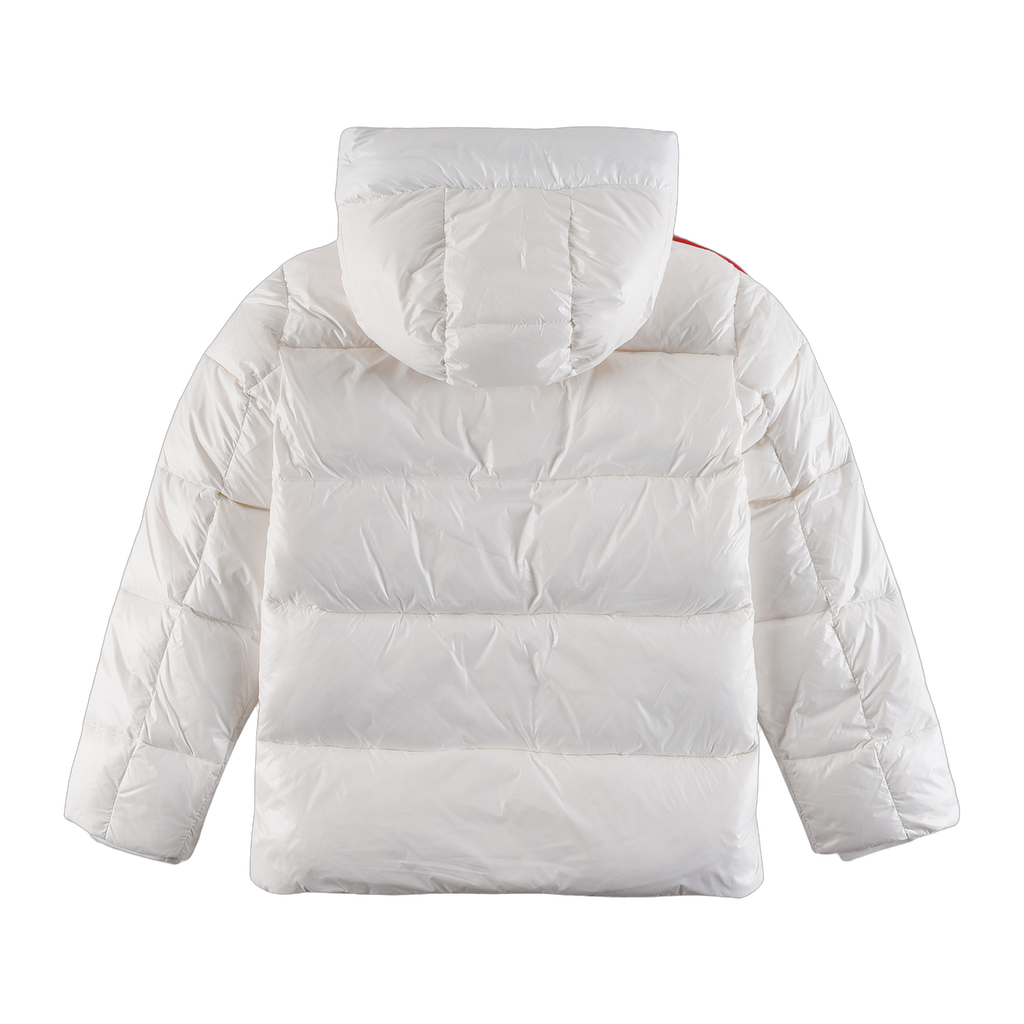Moncler Tricolour Sleeve-Stripe Hooded Down Puffer Jacket - White