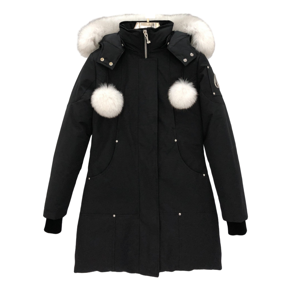 Moose Knuckles Stirling Down Parka with White Fur Trim and Pom-Pom