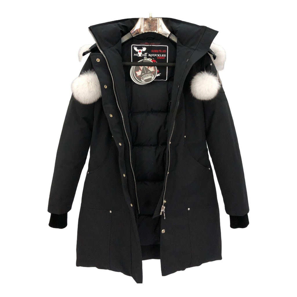 Moose Knuckles Stirling Down Parka with White Fur Trim and Pom-Pom