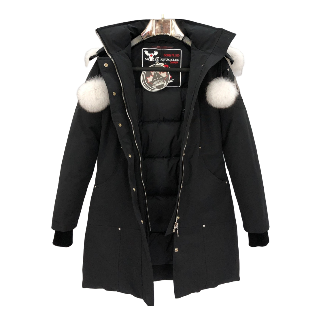 Moose Knuckles Stirling Down Parka with White Fur Trim and Pom-Pom