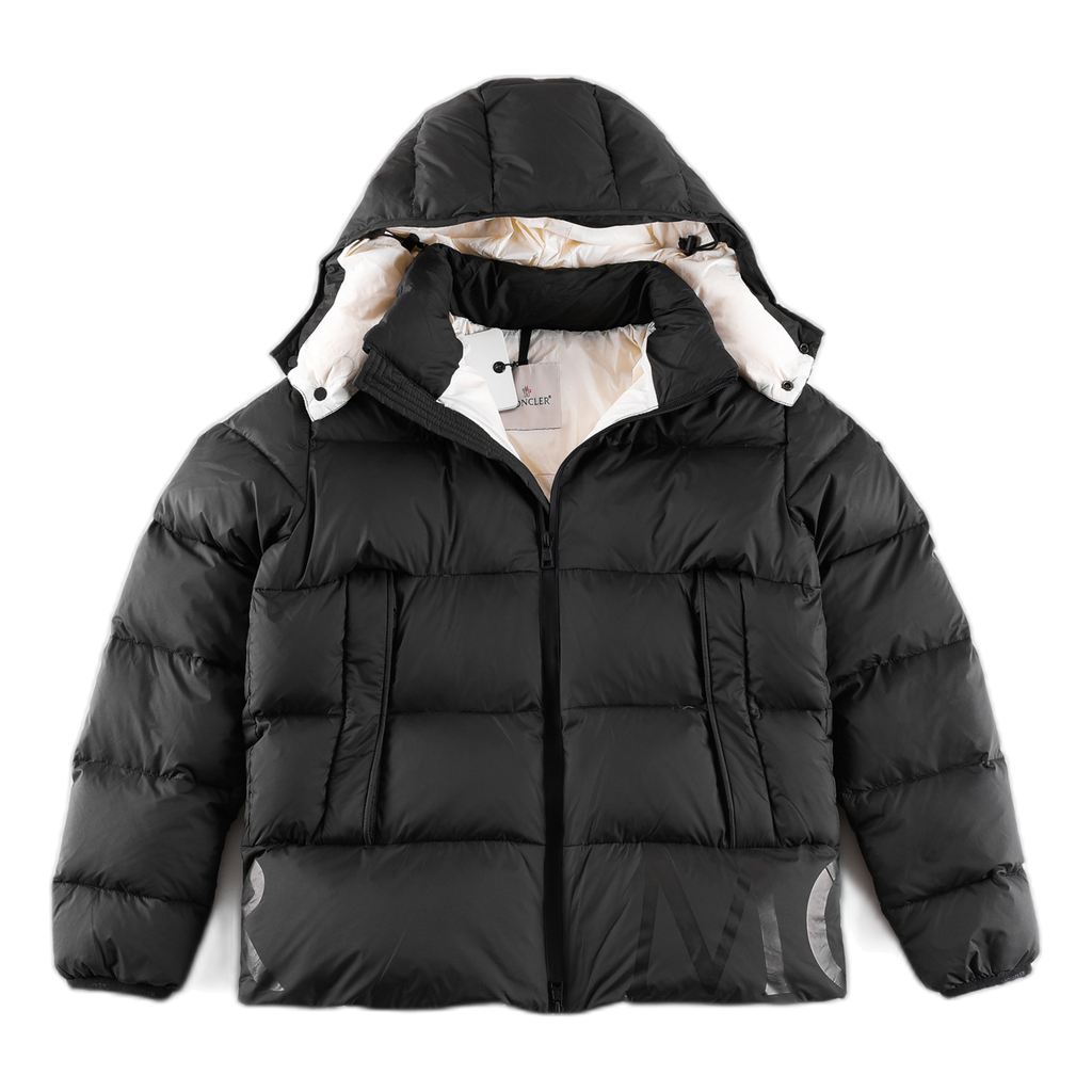 Moncler Black Down Puffer Jacket with Logo Hood and Contrast Lining