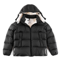 Moncler Black Down Puffer Jacket with Logo Hood and Contrast Lining