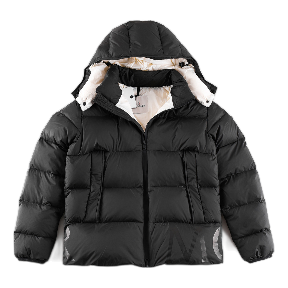 Moncler Black Down Puffer Jacket with Logo Hood and Contrast Lining