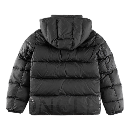 Moncler Black Down Puffer Jacket with Logo Hood and Contrast Lining