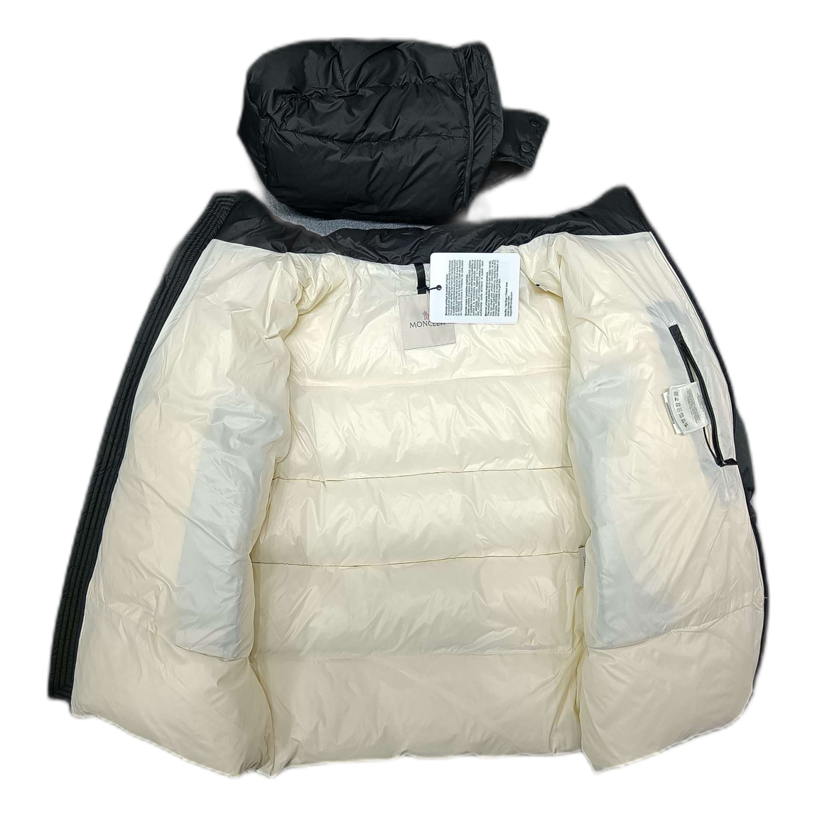 Moncler Black Down Puffer Jacket with Logo Hood and Contrast Lining