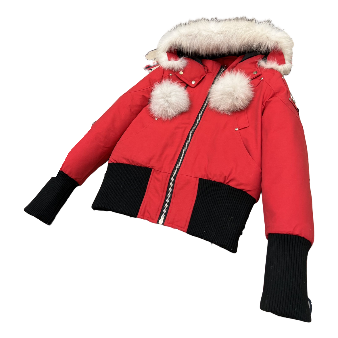 Moose Knuckles Debbie Pom-Pom Hooded Down Bomber Jacket - Red