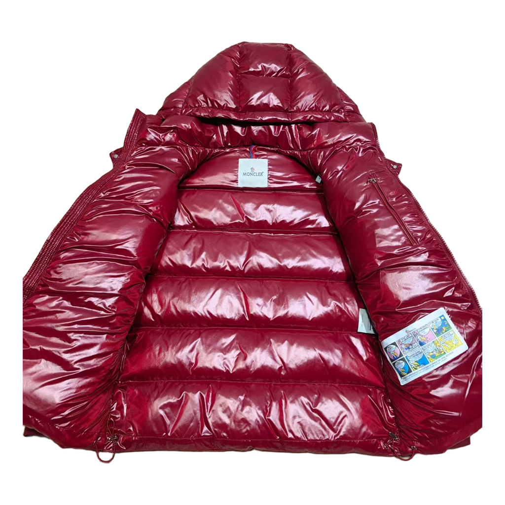 Moncler Logo-Zip Glossy Hooded Down Puffer Jacket - Red