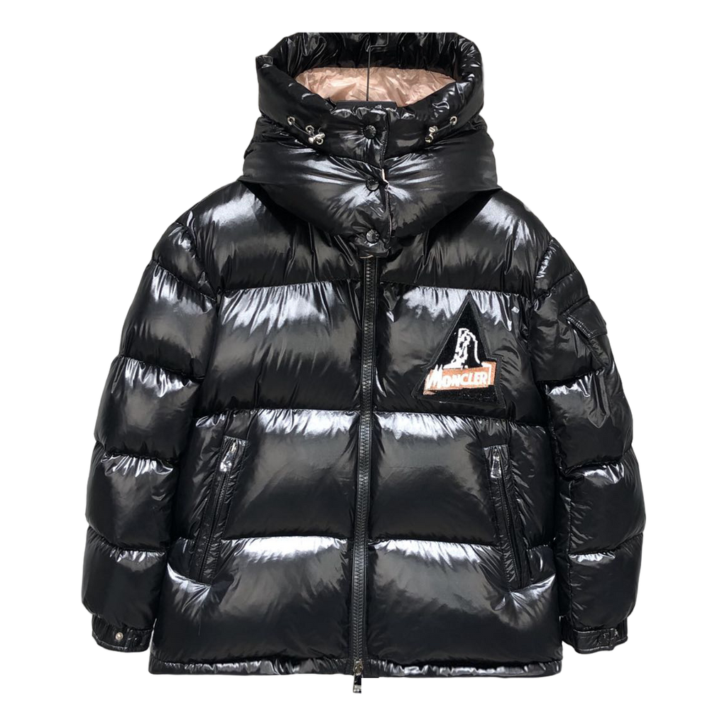 Moncler Mountain-Badge Glossy Short Down Puffer Jacket - Black