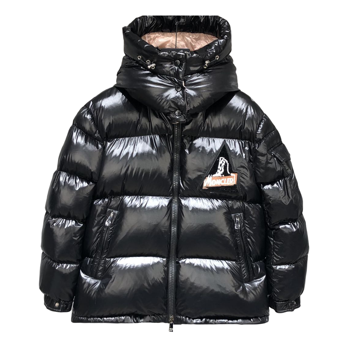 Moncler Mountain-Badge Glossy Short Down Puffer Jacket - Black