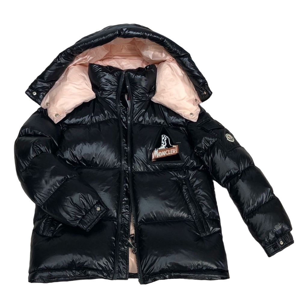 Moncler Mountain-Badge Glossy Short Down Puffer Jacket - Black