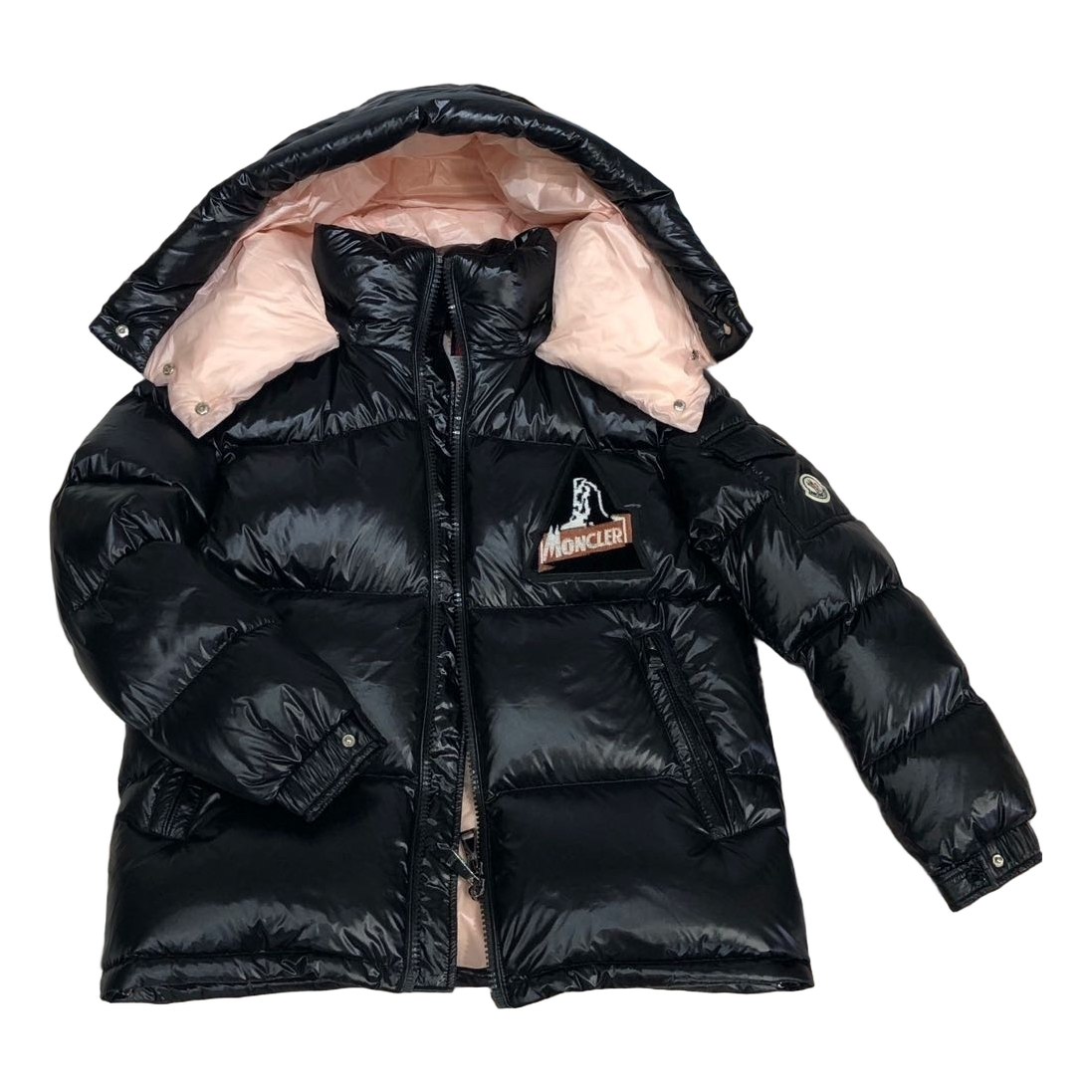 Moncler Mountain-Badge Glossy Short Down Puffer Jacket - Black